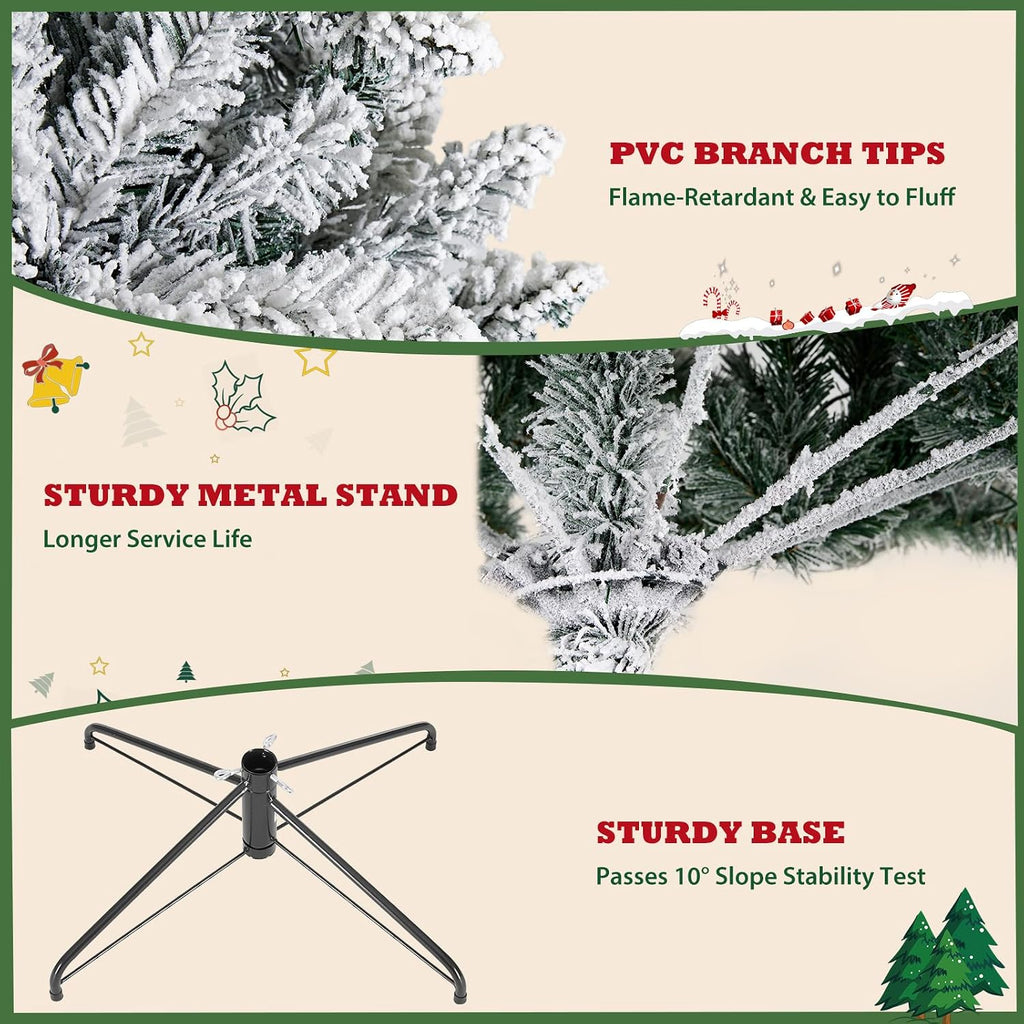 Pre-Lit Snow Flocked Christmas Tree, Artificial Xmas Tree