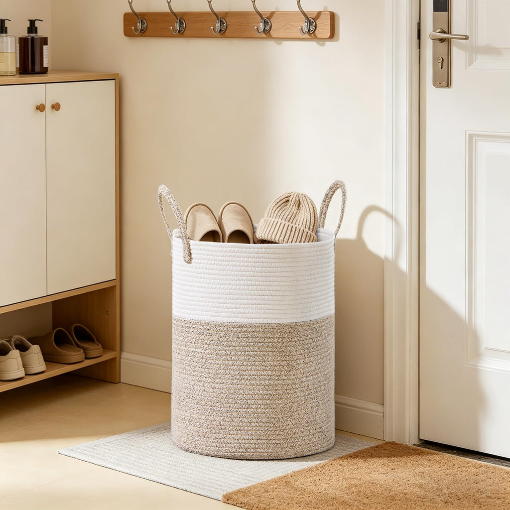 53L Tall Cotton Rope Laundry Basket with Handles, Brown