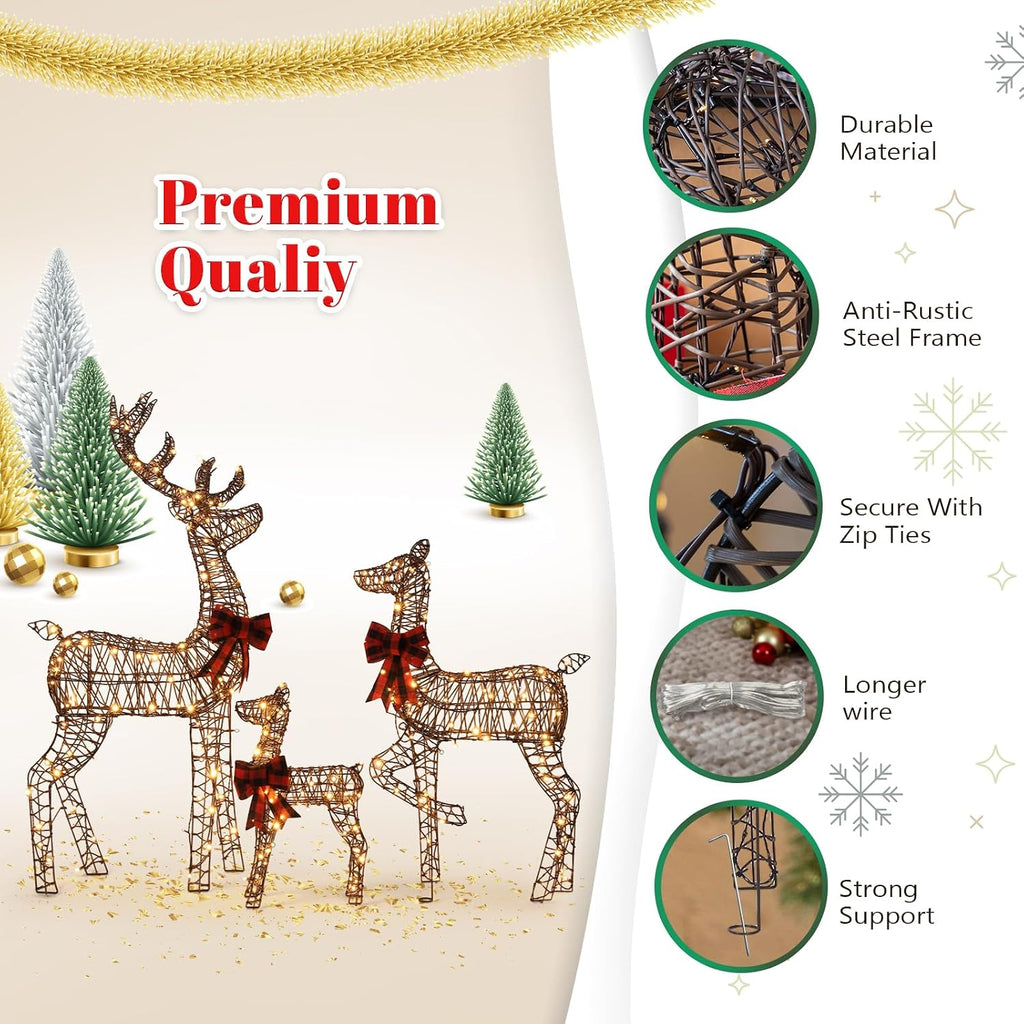 3 Pack 5ft Lighted Reindeer Set Christmas Decor Woven Rattan Style LED Lights Indoor Outdoor Porch Lawn Yard