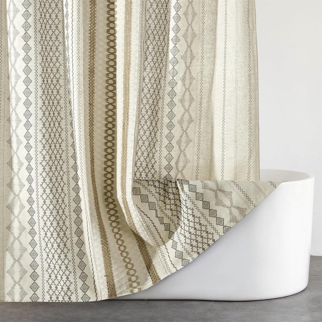 Modern Farmhouse Shower Curtain, Water Resistant Privacy Natural Linen Textured Fabric, Boho Vintage Tribal Geometry