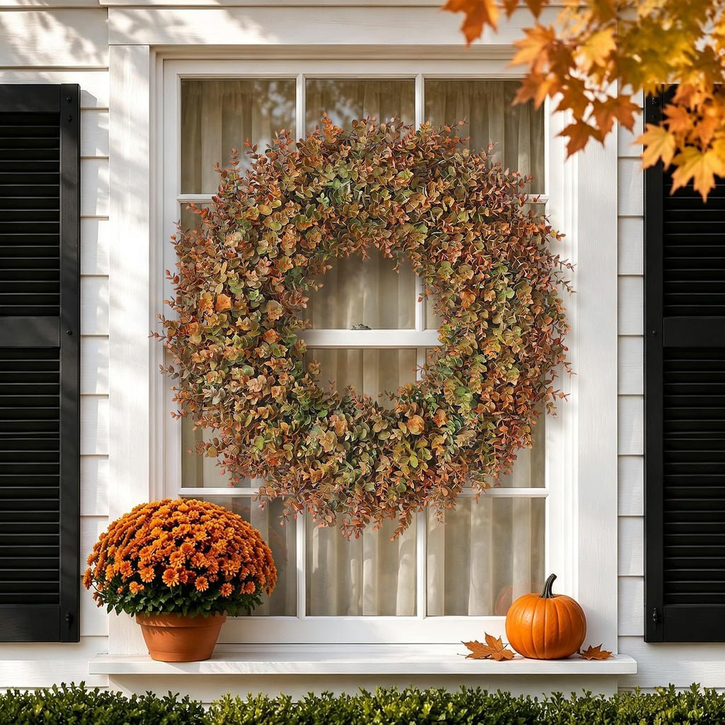 32" Large Fake Eucalyptus Fall Wreath for Front Door Decor(Orange-Green)