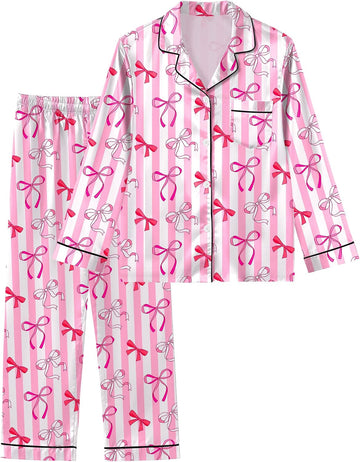 Girls Pajamas Satin Pajama Set Silky Bow Pjs Long Sleeve Button Down Sleepwear Loungewear Sets for Big Kids