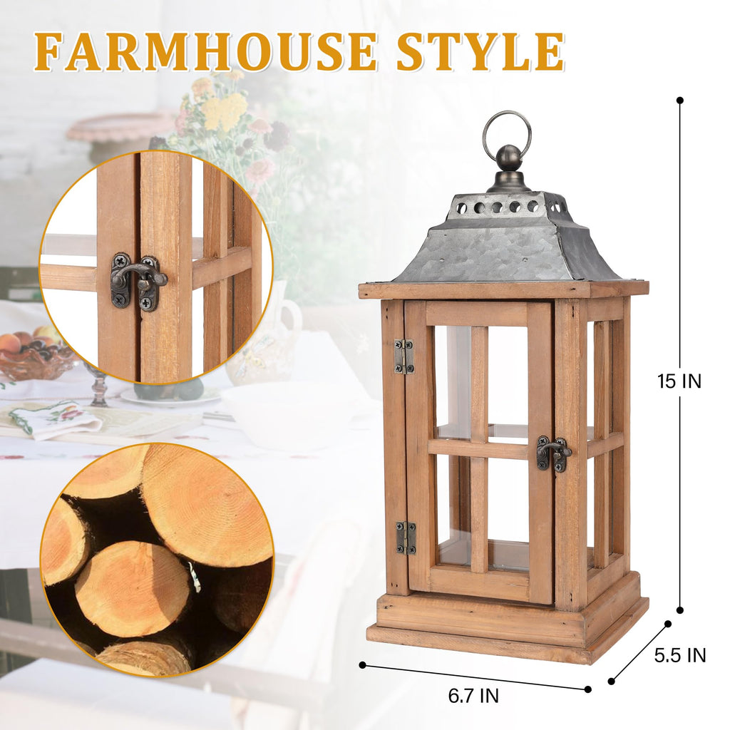 15 Inch Outdoor Decorative Lanterns, Set of 2 Wooden Candle Lanterns