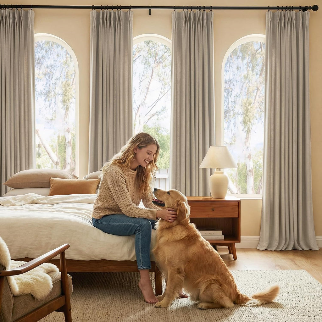 395GSM Heavyweight Pinch Pleat Oatmeal Faux Linen Curtains 84" Long, Room Darkening Thermal Drapes, Double-Sided