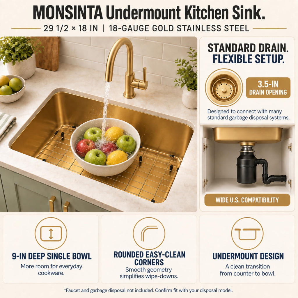 Gold Kitchen Sink, 30 Inch Stainless Steel Undermount Sink
