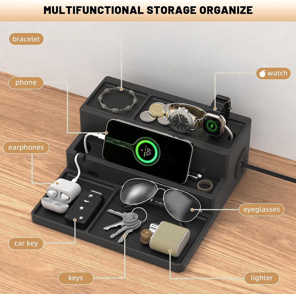 Valet Tray, Nightstand Organizer with Charging Station