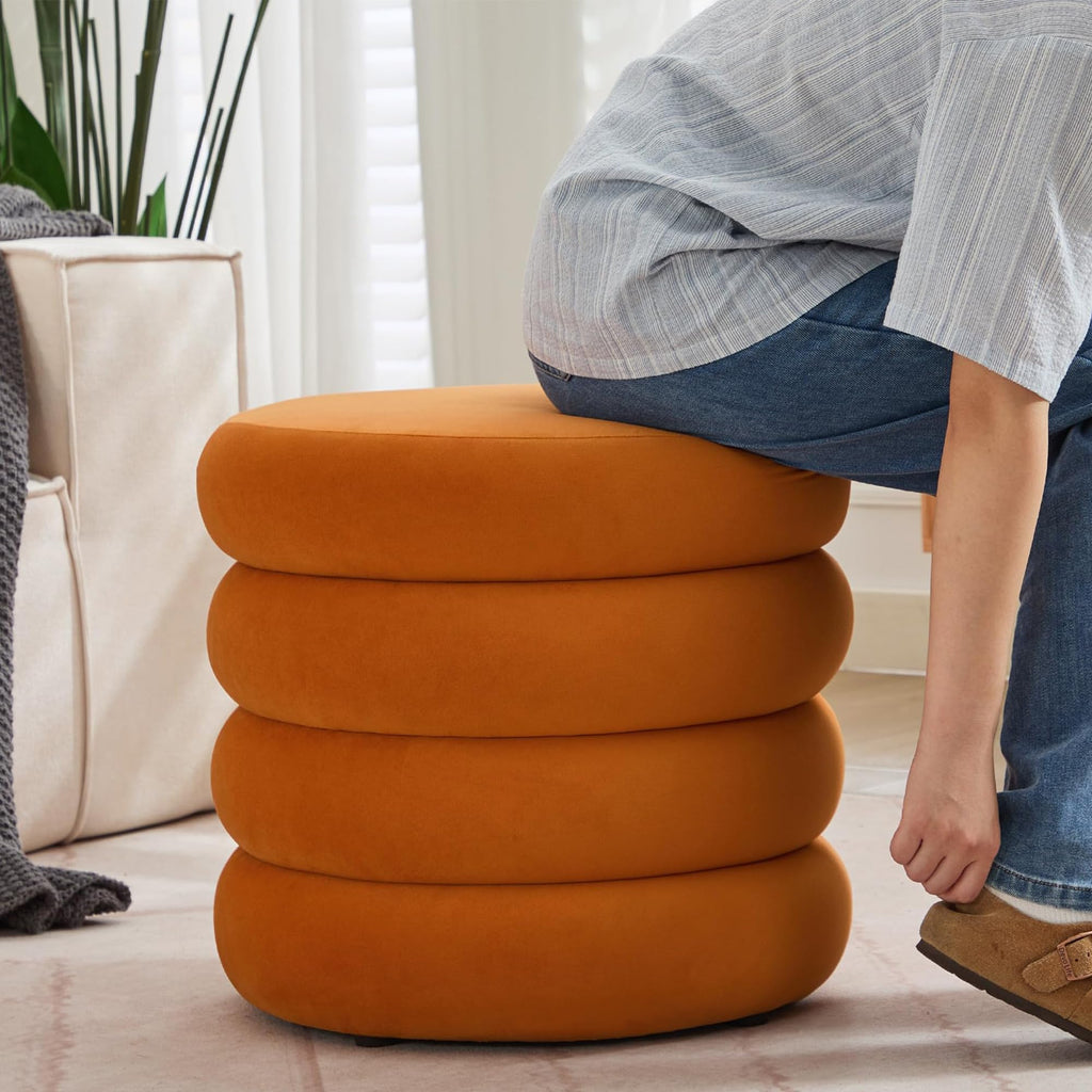 Round Storage Ottoman, 19.5" Small Ottomans Pouf with Removable Lid, Velvet Fabric Soft Footrest Stool for Couch