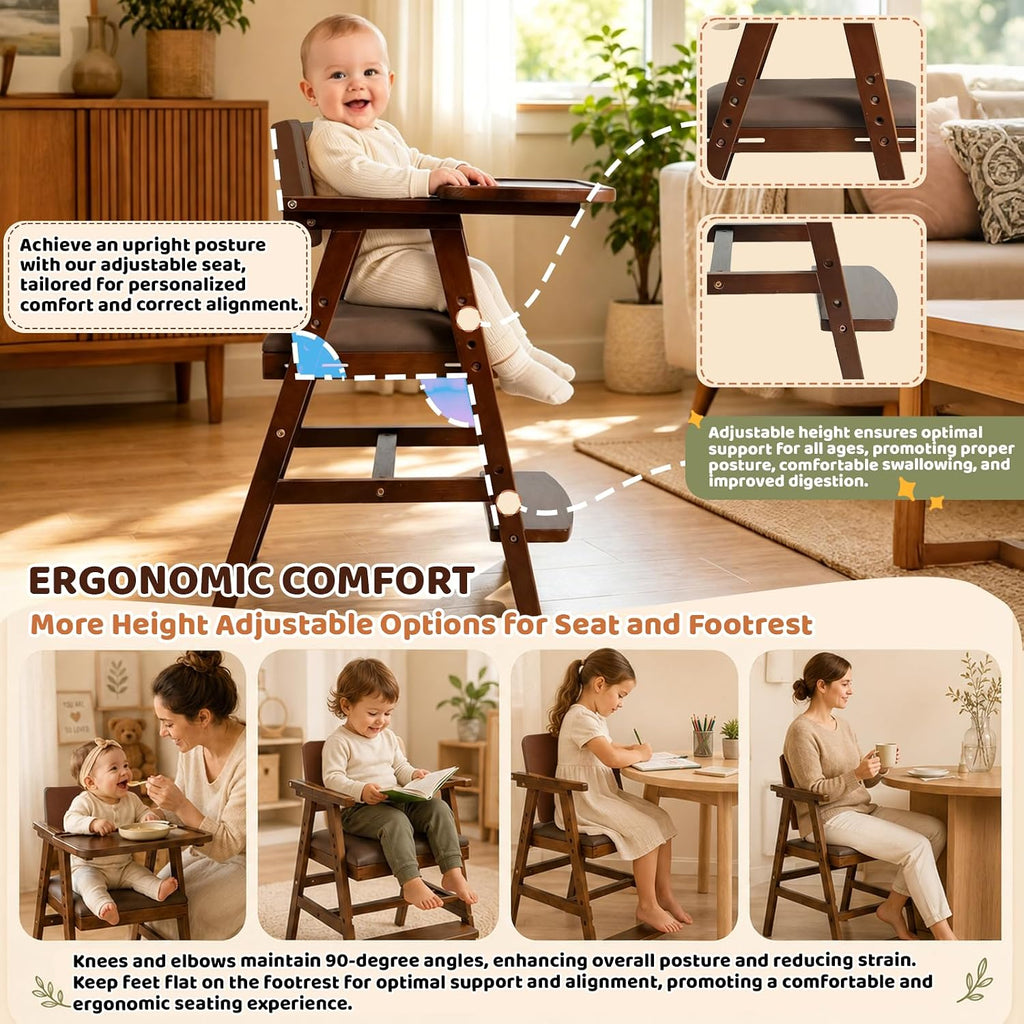 3-in-1 Wooden High Chair with Steps & Adjustable Tray for Baby Toddler | Ergonomic Design, Built-in Foot Steps, Easy