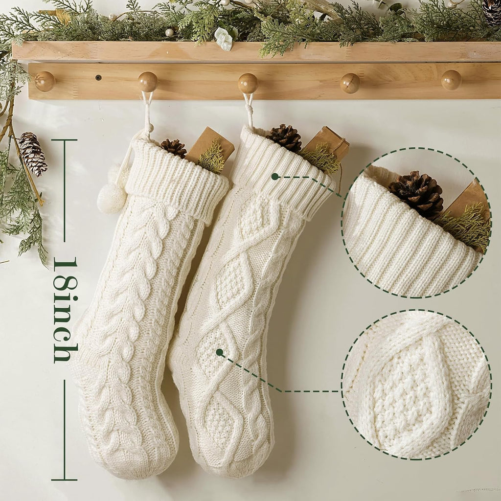 S: 6 Pack 18 Inch Cream White Cable Knit , Rustic Hanging Xmas Stockings Farmhouse Boho Beige Knitted Stockings - Set of 6
