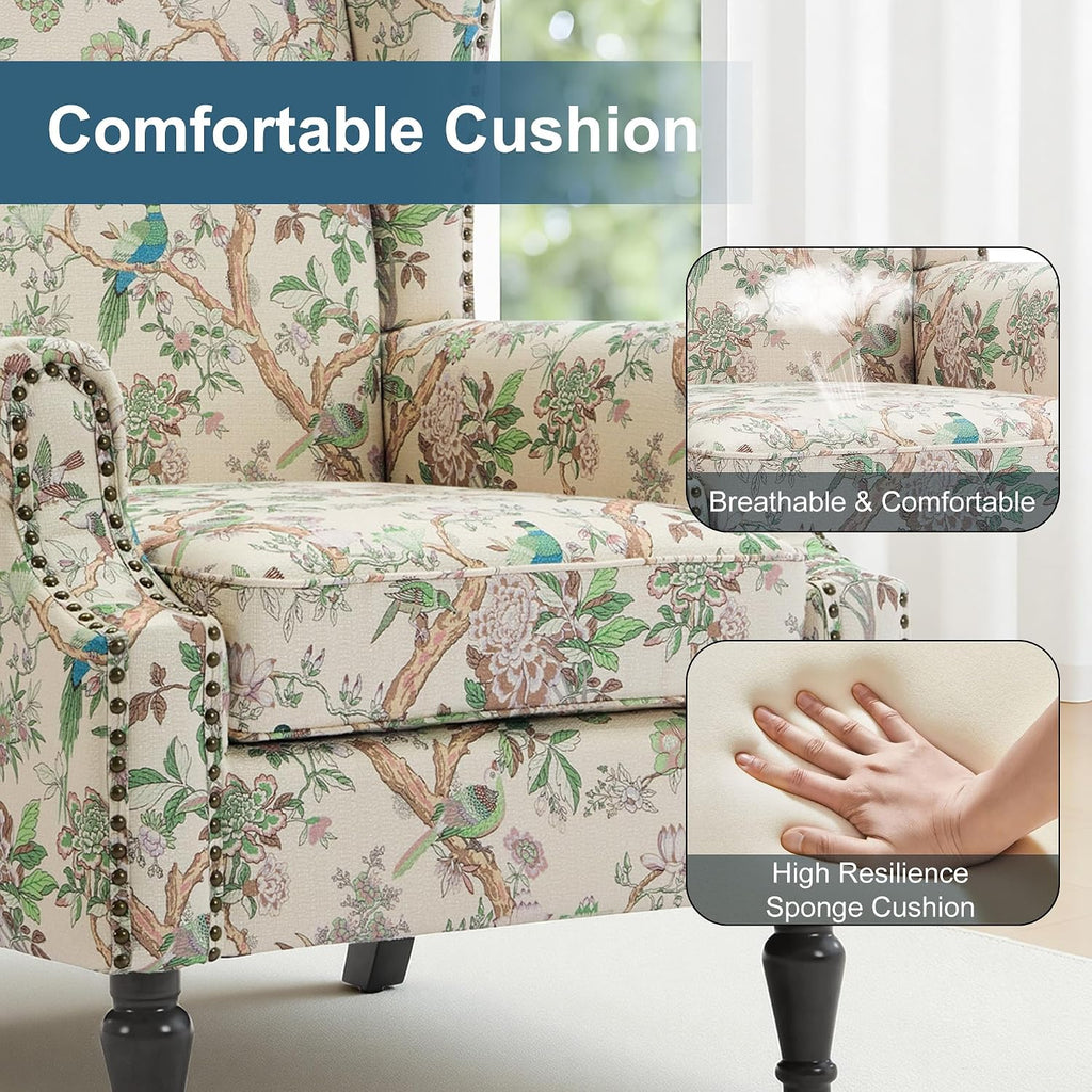 Wingback Chairs Set of 2, High Back Floral Accent Chair in Fabric, Comfy Upholstered Armchair with Nailhead Trim