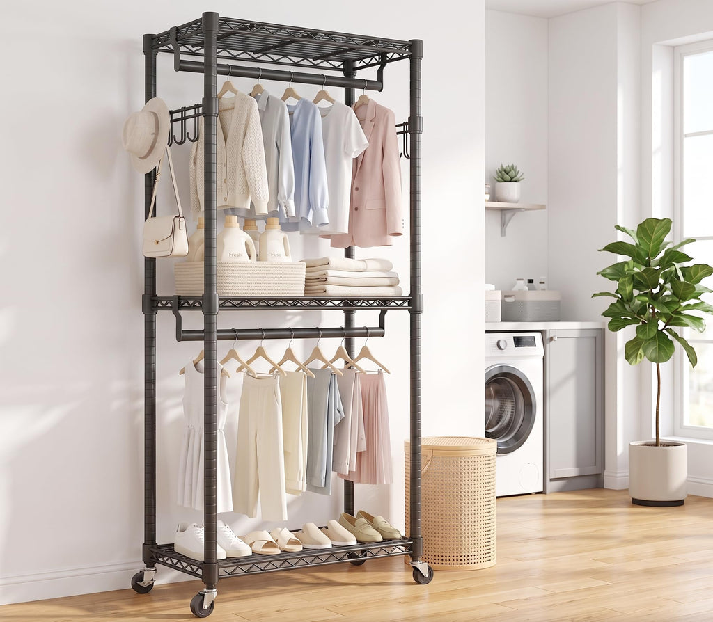 Double Rods Clothes Rack, Heavy Duty Clothing Rack on Wheels, Black
