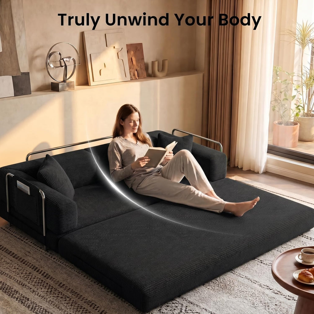 79.5" Convertible Futon Sofa Bed, Boneless Couch | Corduroy Boneless Loveseat Sleeper Sofa, Modular Futon Couch with