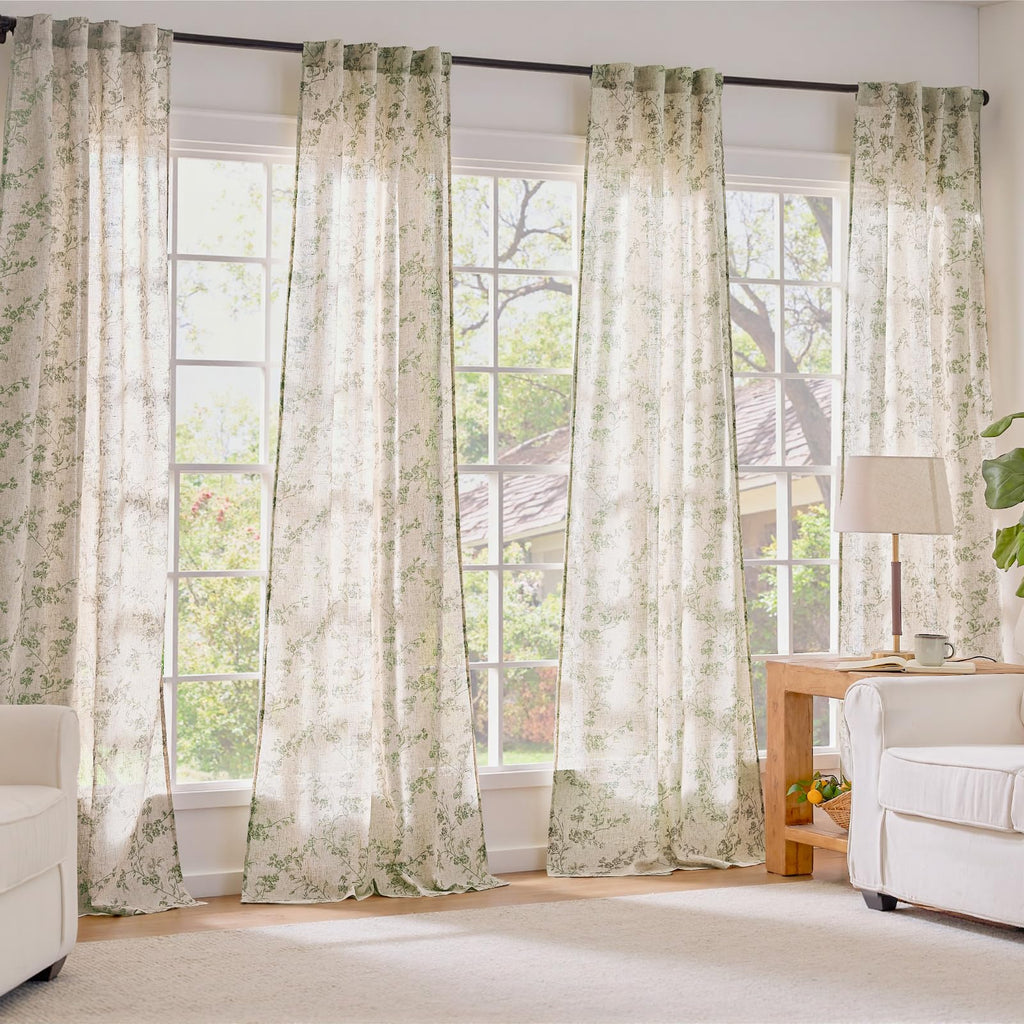 Extra Long Green Vintage Floral Linen Curtains Farmhouse 2 Panels