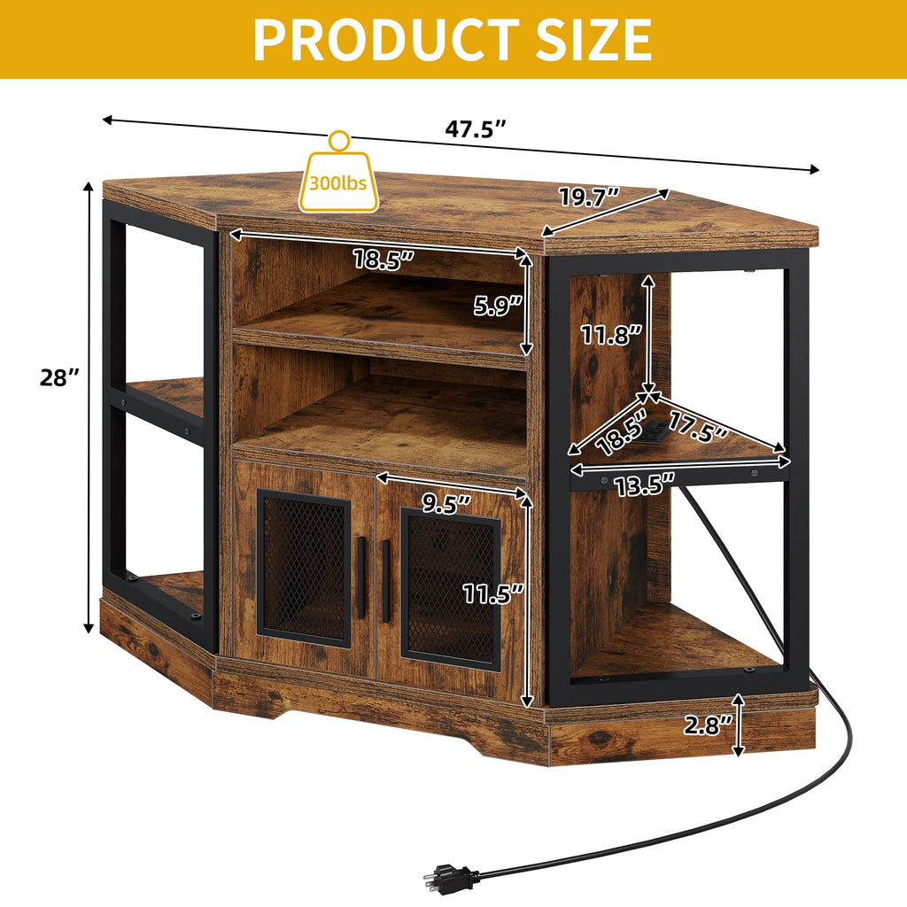 Farmhouse Corner TV Stand with Power Outlet, TV Console, Rustic Brown