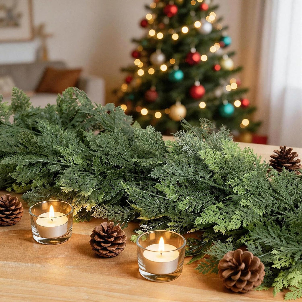 Christmas Garland 9FT Decorations Real Touch Cedar Cypress Pine Greenery Artificial Green Christmas Garland - Set of 9