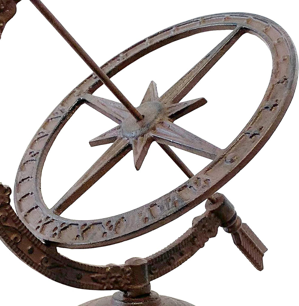 Cast Iron Armillary Sundial with Starburst | Decorative Garden Globe with Roman Numerals | Antique-Style Sphere, or