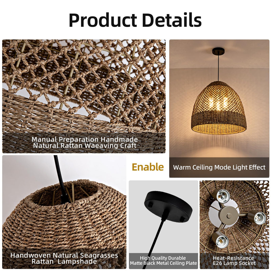 19" Rattan Pendant Light, 3-Light Boho Seagrass Chandelier