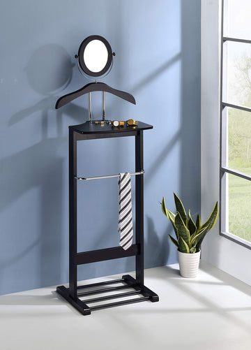 Suit & Tie Freestanding Valet Stand - Clothing Organizer with Adjustable Mirror, Hanger, Shoe Rack & Accessory Shelf