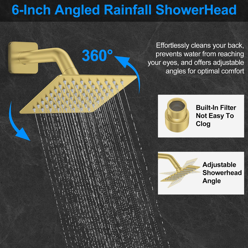 Brushed Gold Shower Faucet Set, Push-Button Shower System with Rain Shower and Handheld, 12" Ceiling Rain Head, 6"