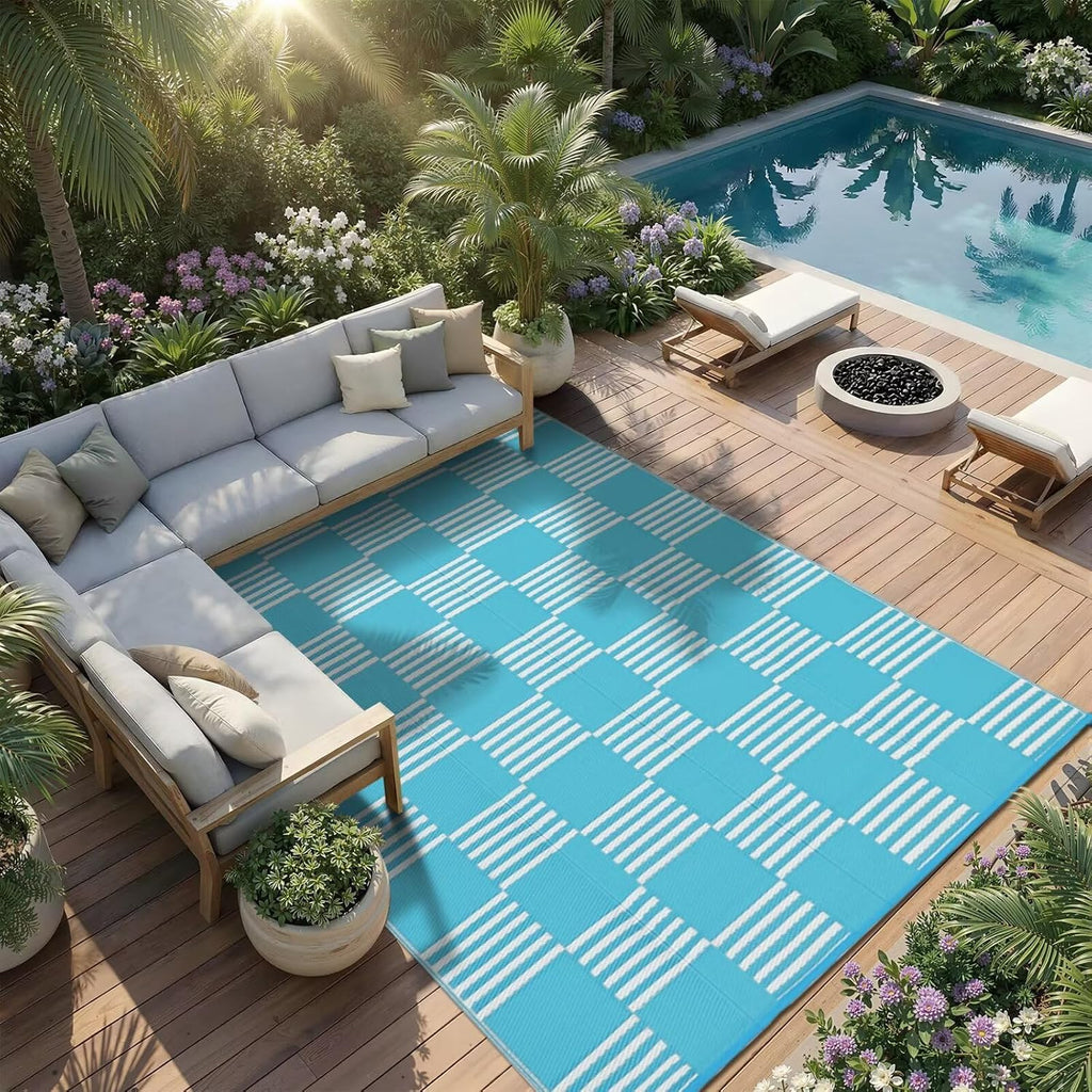 Waterproof Outdoor Rug 6x9, Checkered Foldable Plastic Straw Patio Camping Rug, Outdoor RV Carpet for Deck Camper
