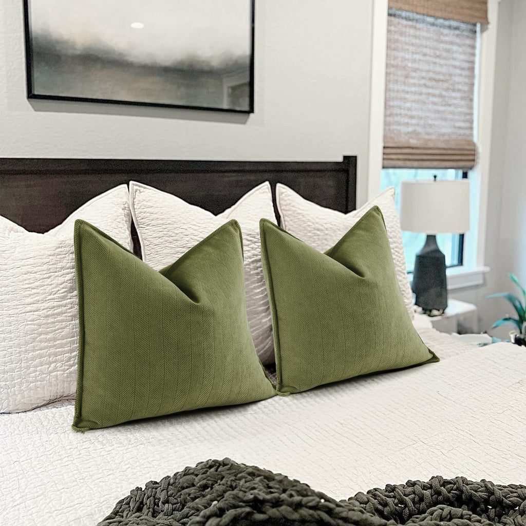 Olive Green Pillow Covers 20x20 Set of 2 Chenille Throw Pillow Covers with Elegant Design Soft and Luxurious