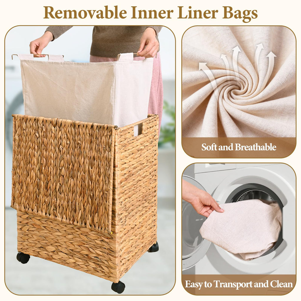 Wicker Laundry Hamper with Lid & Wheel, Rattan Laundry Basket, 90L