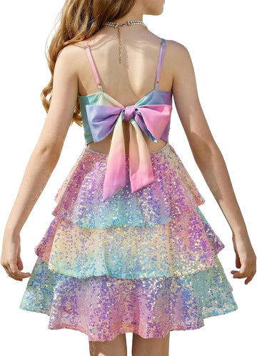 Girls Sequin Formal Dresses Kids Party Special Occasion Fancy Dress Tie Back 3 Layer Prom Graduation Outfits