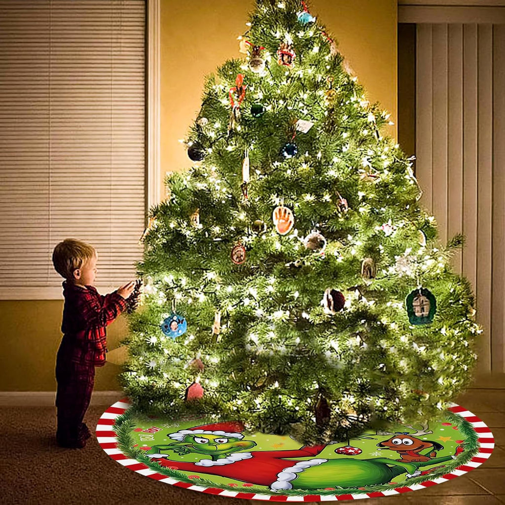 48 Inch Christmas Tree Skirt - Soft and Funny Farmhouse Christmas Tree Collar with Red & Green Trim Decor Xmas