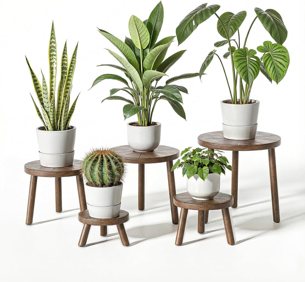 Wood Plant Stands Indoor, 5-Pack Single Plant Stand for 6-12 Inch Pots, Mid-Century Modern Plant Stool, Tall Plant