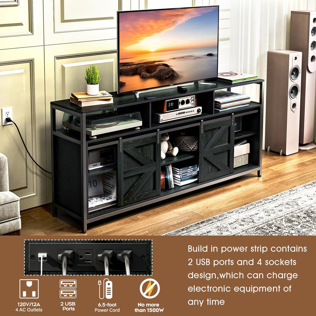 Mid Century Modern Black TV Stand with Sliding Barn Doors, Charging Station, LED Lights, and Storage Shelves for up