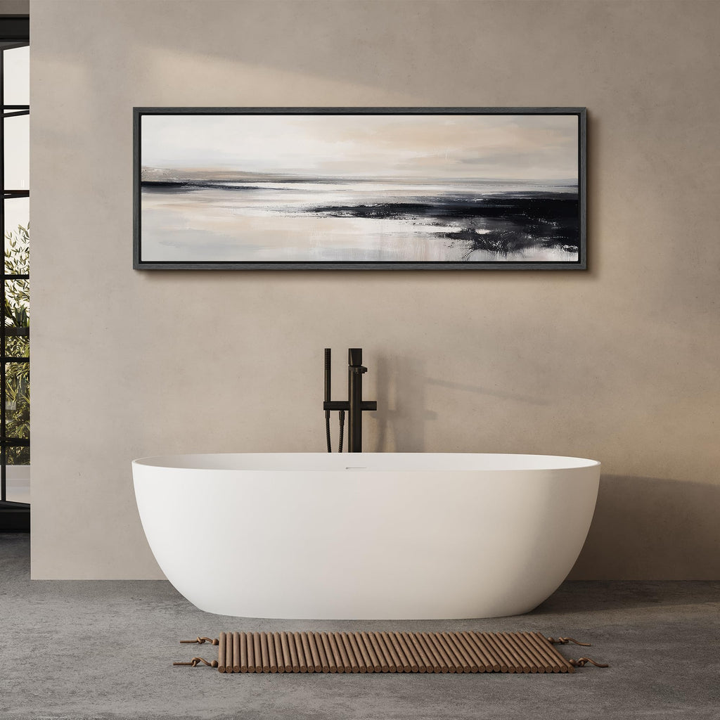 Large Framed Canvas Print Wall Art Neutral Black and Beige Seascape Abstract Calm Ocean Illustrations Modern Art