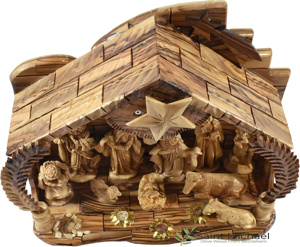 Wooden Bethlehem Nativity Set - Handcrafted Olive Wood Christmas Manger Scene with Music Box - Authentic Holy Land