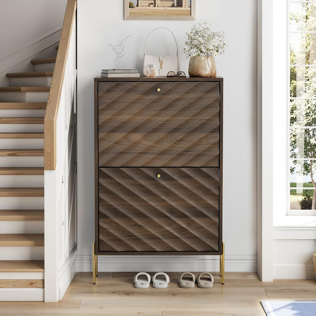 LifeSky 23.6 Inch Shoe Cabinet Storage Furniture: Mid-Century Modern Freestanding Organizer with Adjustable Shelves &