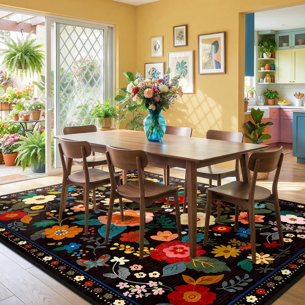 Floral Washable 5x7 Area Rugs Black