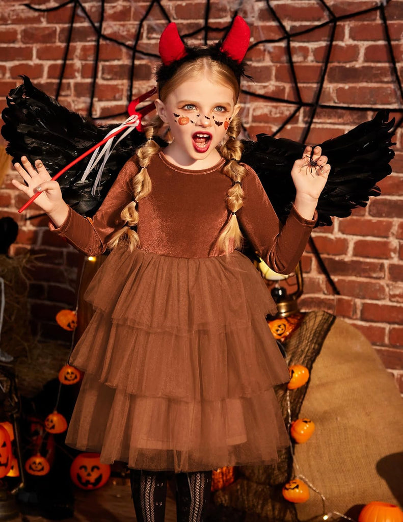 Toddler Velvet Dress Tiered Tulle Fall Party Long Sleeve Dresses