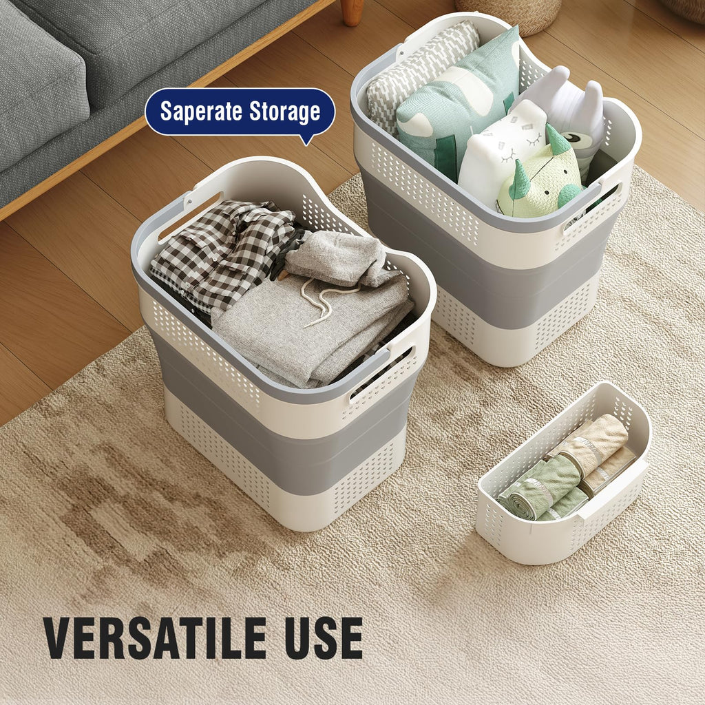 Collapsible Plastic Laundry Basket Hamper with Handles, 35L Portable Rubber Clothes Basket, Pop Up Storage