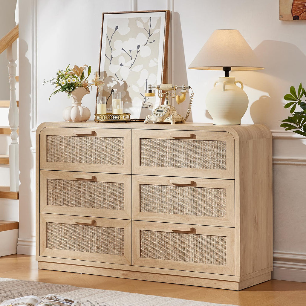 Rattan 6 Drawer Dresser, Natural Wood