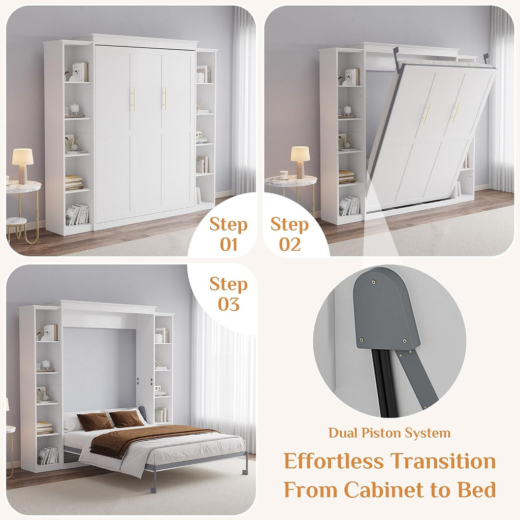 Queen Murphy Bed Cabinet with 5-Tier Adjustable Storage Shelves, Wood Queen Wall Bed Cabinet Bed, Space Saving Beds