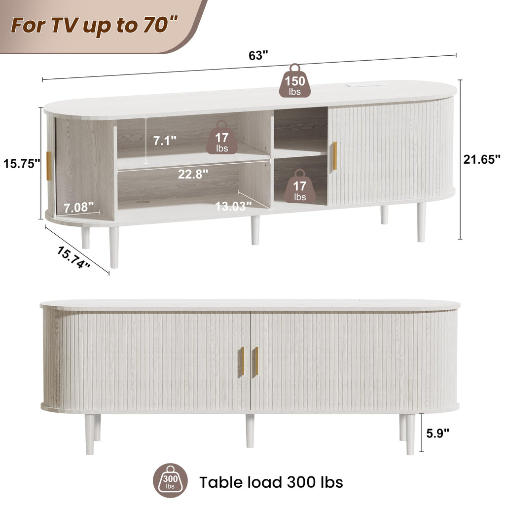 Mid Century Modern TV Stand: Fluted Media Console for 55 65 70 Inch TVs, Entertainment Center with Storage Cabinet
