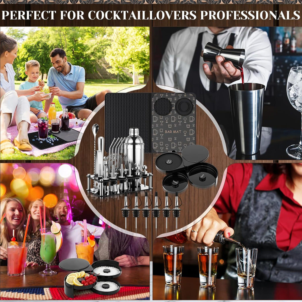 Cocktail Shaker Set and Bartender Kit with Stand, 18 x 12 Inch Folding Bar Mat with Cutting Board, 3 Tier Bar - Set of 28