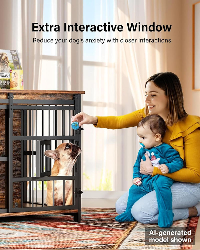 Dog Crate Furniture with Sliding Barn Door, 44"/39"/32" Decorative Dog Kennel Indoor with 2 Doors, Escape-Proof
