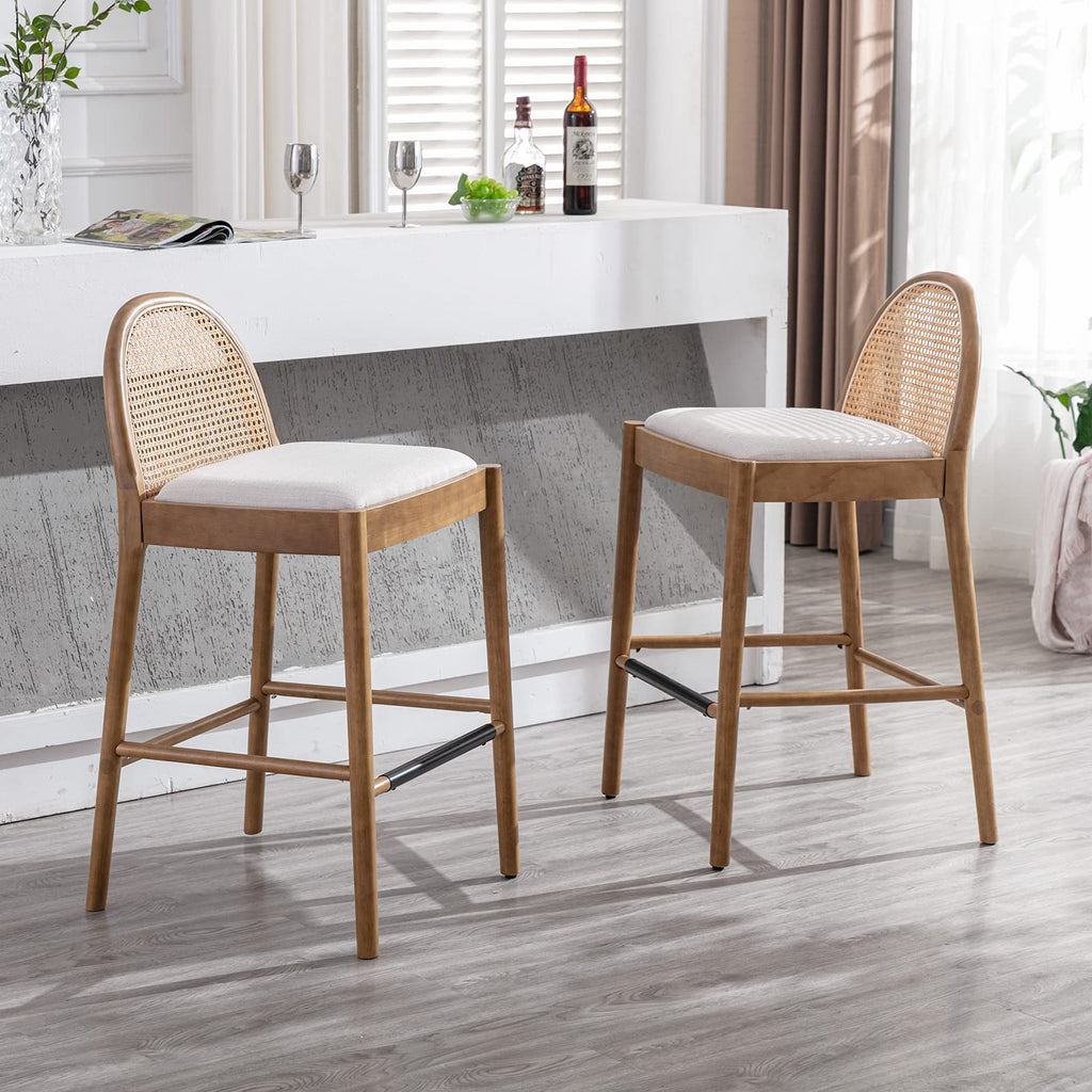 Modern Bar Stools Set of 2, 29 Inches Bar Height Barstools with Rattan Back, Linen Upholstered Kitchen Island Chair