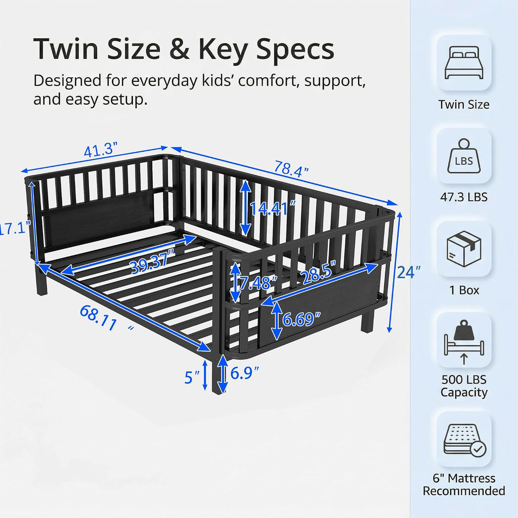 Twin Kids Bed Frame with Rails, Low Profile Montessori-Style Metal Bed for Boys Girls Teens, Removable Side Rail