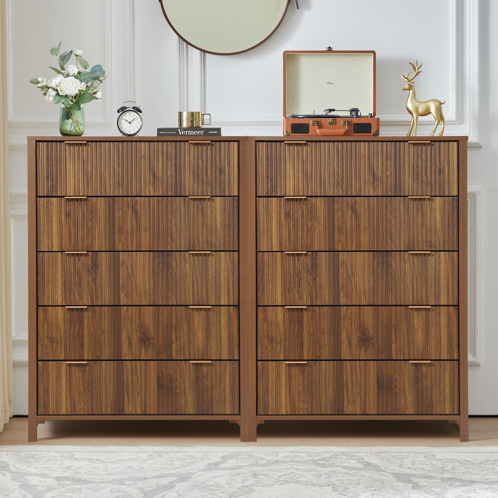 5 Drawer Dressers, Modern Closet Chest of Drawers with Waveform Fluted Panel, Large Wood Storage Dresser Organizer