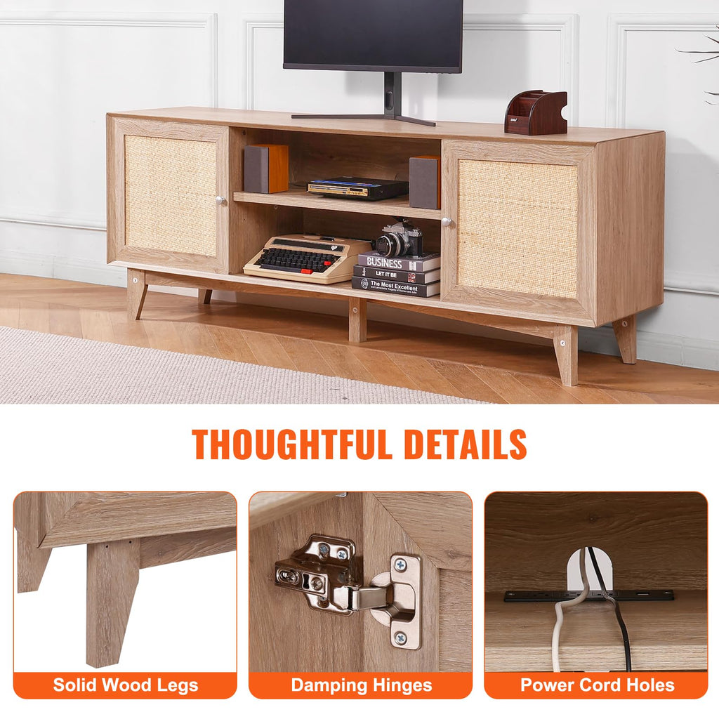 Rattan TV Stand, Mid Century Modern TV Stand for 75 inch TV, Boho Rattan TV Cabinet with Build-in Socket and USB