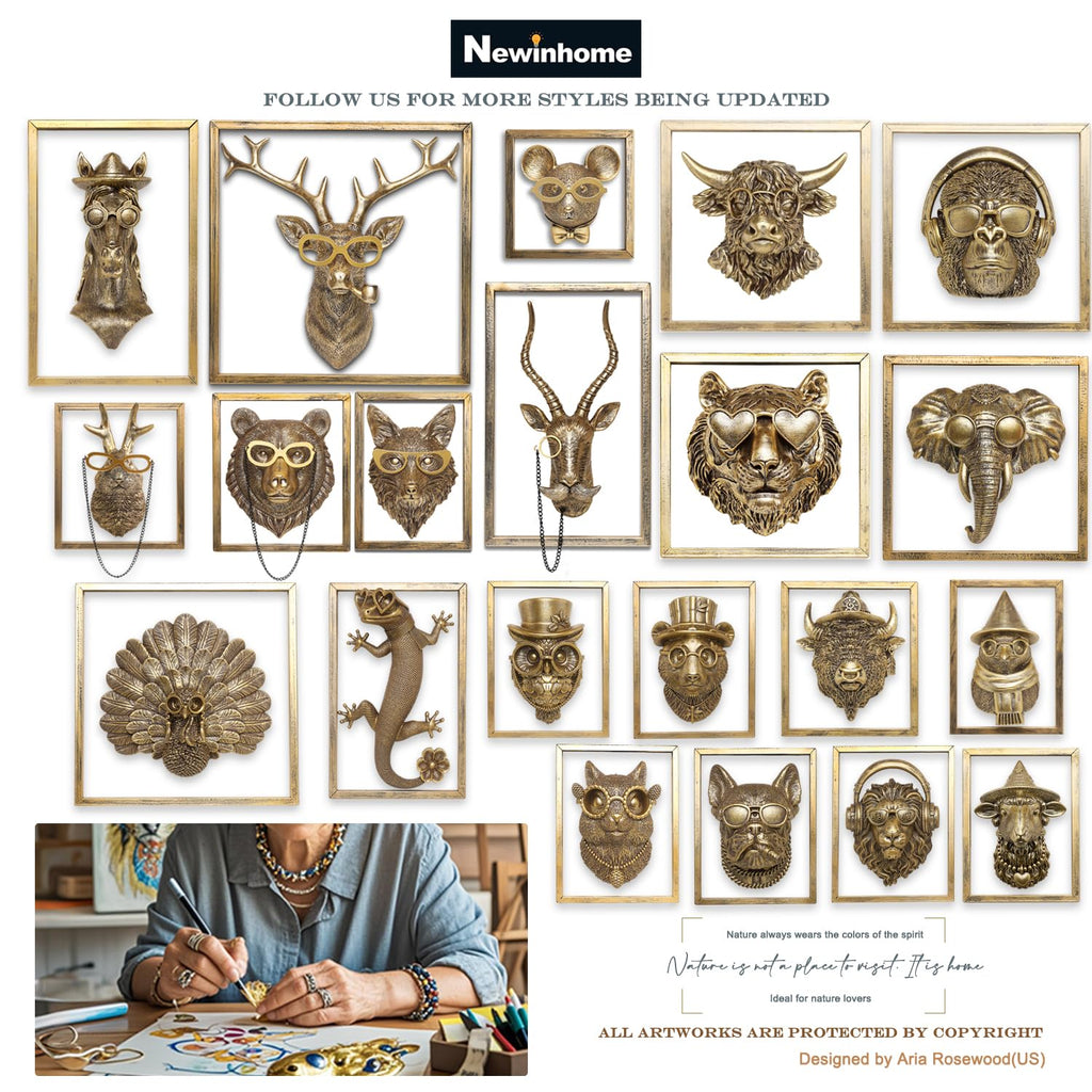 Animal Heads Wall Decor (5pcs, Includes Metal Frame) Resin Animals Sculptures Head Wall Hanging Decoration Gold
