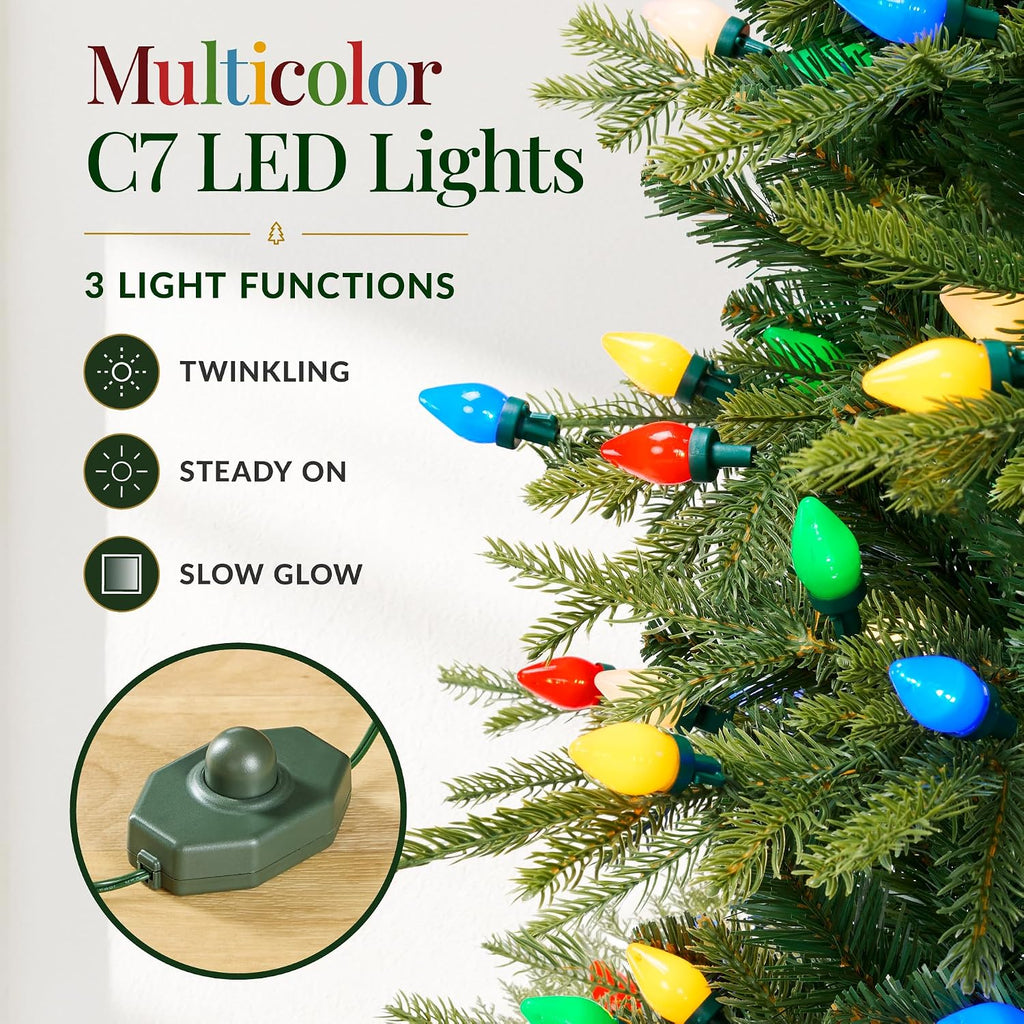Artificial Pre-lit Aspen Christmas Tree, Multicolored Twinkling C7 LED Lights, Slim Premium Lighted Realistic