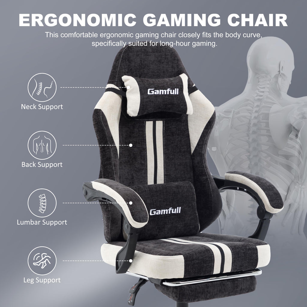 Fabric Gaming Chair for Adults, Video Game Chairs with Footrest, Black&White