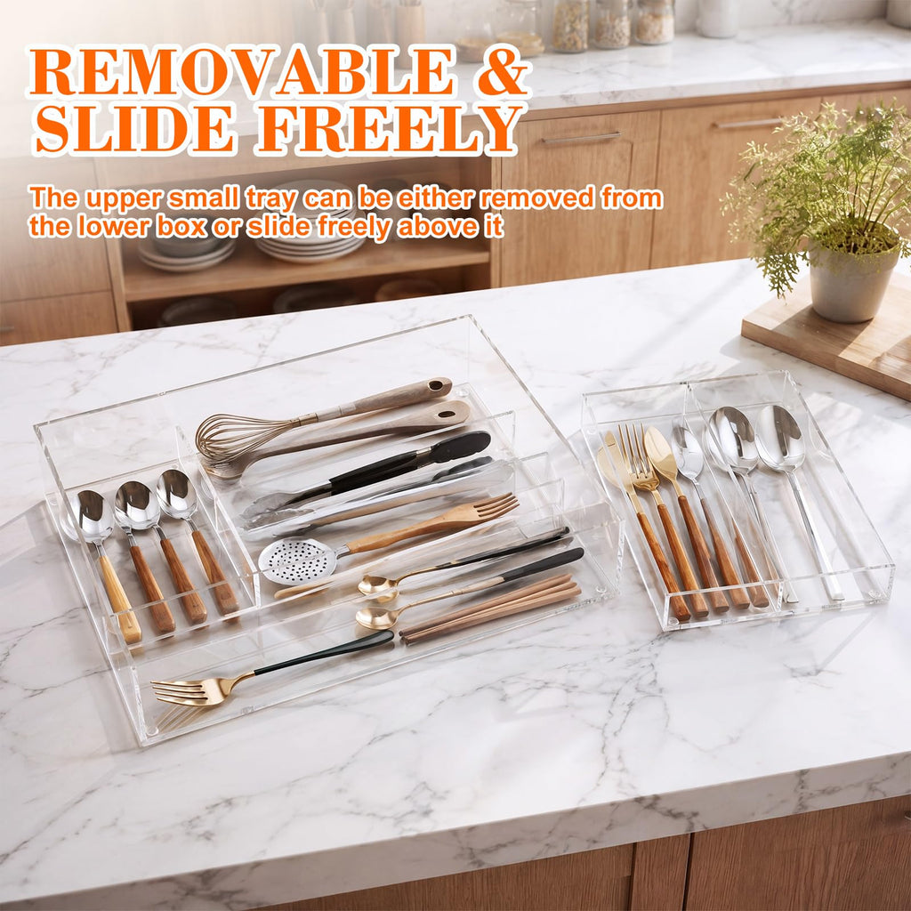 2 Layer Acrylic Deep Kitchen Utensil Drawer Organizer for Flatware Utensils