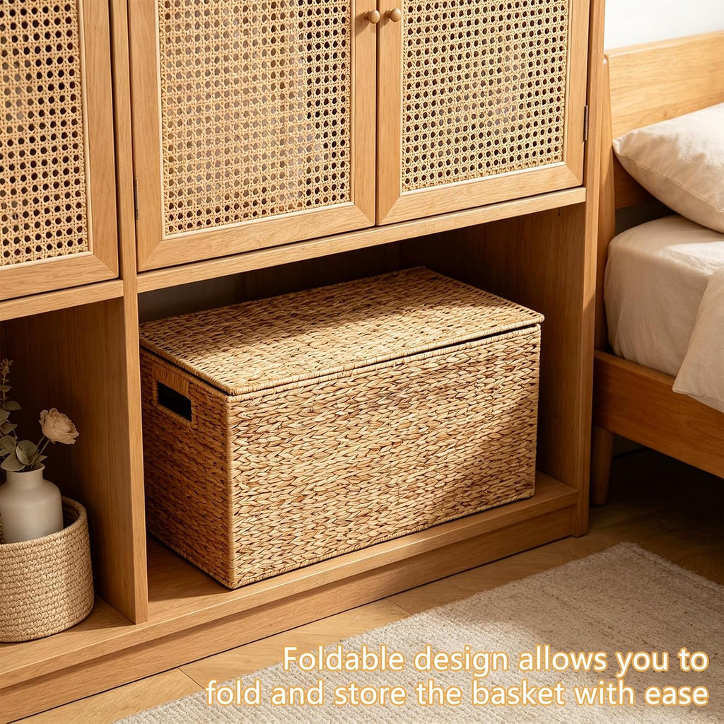 Water Hyacinth Wicker Storage Trunk with Metal Frame 36x20x18.5Inch Large Rattan Basket Decorative Blanket Chest